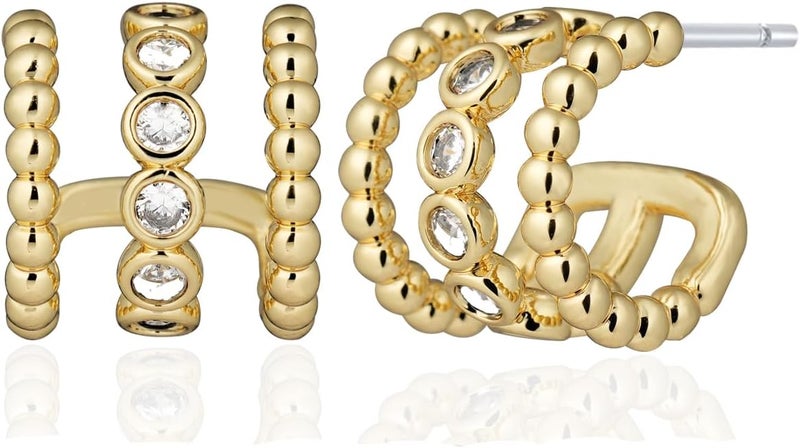 Obidos 14K Gold Plated Triple Huggie Illusion Stud Earrings | Double Huggie Hoop Earrings for One Hole | Gold Hoop Earrings for Women | Drop earrings - Image 1